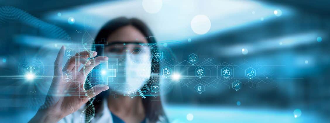 Docteur entourée de symboles en lien avec le corps humain et la santé